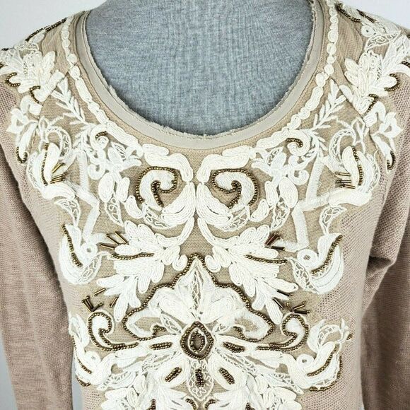 Meadow Rue Anthropologie Rococo Beaded Pullover Top Sweater Tan Ivory Lace sz XS - Picture 2 of 7